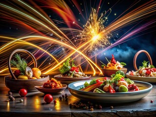 Vibrant Color Light Streaks on Dark Background - Delicious Food Photography