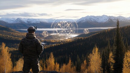 A soldier uses augmented reality for digital maps amid futuristic gear in an autumn setting