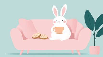Cozy Rabbit with Tea & Cookies on Couch - Pastel Flat Design