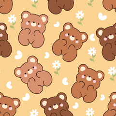 Cute hand drawn teddy bears with flowers and hearts on a pastel yellow background, kids spring, summer seamless pattern design.