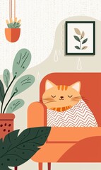 Cozy Cat Quilted Comfort: Rainy Day Vibe Illustration
