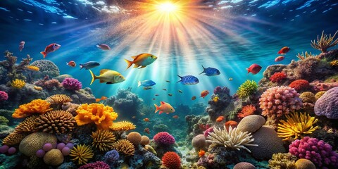 Vibrant Coral Reef Underwater Scene with Sunbeams - Stock Photo