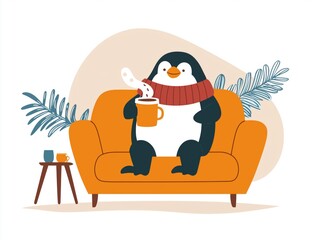 Cozy Penguin with Cocoa on Couch - Winter Night Illustration