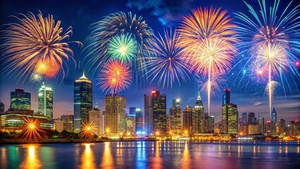 Vibrant Fireworks Display Over City Skyline at Night - Long Exposure Photography
