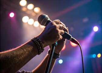 Obraz premium Close-up Concert Stage Hands Holding Microphone, Bright Stage Lights