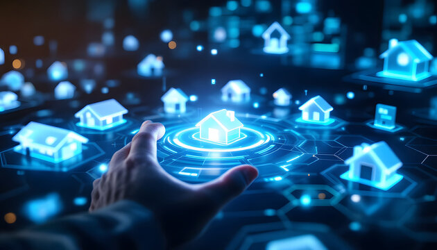 Real Estate Network, Man Interacting with House Icons, PropTech Concept, Digital Housing Management Interface, Smart Home Technology, Futuristic House Network Display - Powered by Adobe