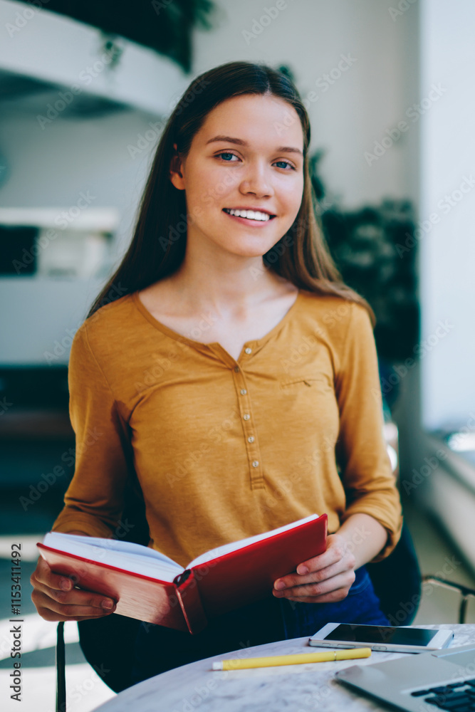 Poster happy female student studying language at coworking space searching information via netbook and prep