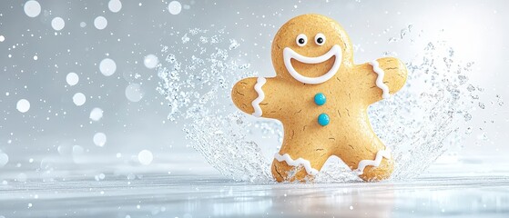 Fototapeta premium Jolly Gingerbread Man Splashing in Water Festive Christmas Cookie Winter Holiday Treat