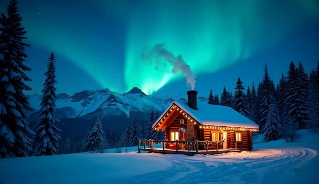 A cozy log cabin, nestled in a snowy mountain landscape, bathed in the soft glow of warm interior light and illuminated by a vibrant aurora borealis.