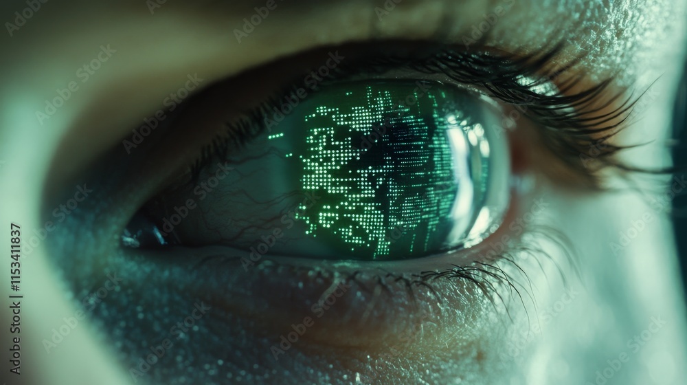 Poster a close-up of a human eye reflecting intricate digital interface patterns within the iris, symbolizi