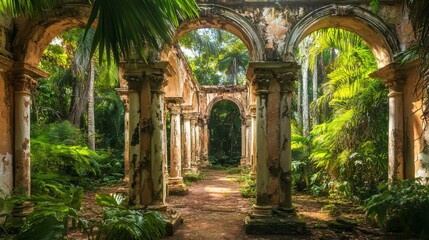 Obraz premium crumbling columns, ancient arches, lush greenery, overgrown ruins, historic site