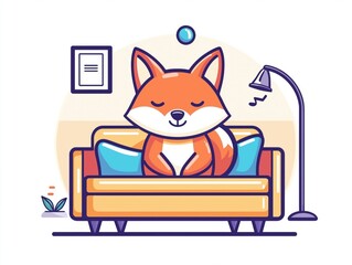 Fox Listening to Music on Couch - Introvert Vibes, Flat Design