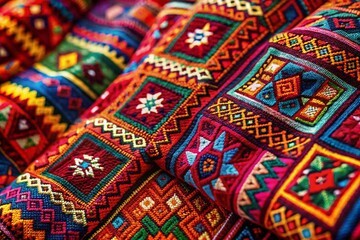 Vibrant Geometric Textile Design: Rich Colors & Traditional Patterns Stock Photo