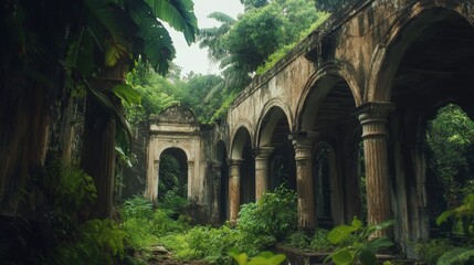 crumbling columns, ancient arches, lush greenery, overgrown ruins, historic site