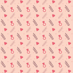Seamless romantic pattern with engagement rings, hearts, and delicate leaves in soft pastel tones. Perfect for weddings, Valentine's Day, and romantic-themed designs. Flat minimal style.