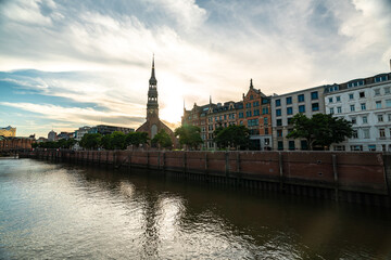Fototapeta premium Scenic View of Hamburgs Historic Architecture at Sunset