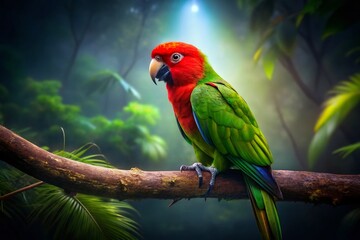 Naklejka premium Vibrant Green Parrot with Crimson Head in Low Light - Stock Photo