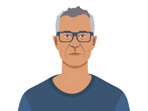 a man wearing glasses and a blue shirt - Powered by Adobe