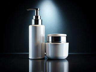 Obraz premium Elegant white cosmetic pump bottle, rectangle container; high-resolution night photography, front view.