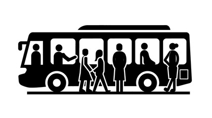 a black and white image of people on a bus