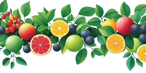 Obraz premium Vibrant border design featuring illustrated fruits and lush green leaves for marketing and promotional materials