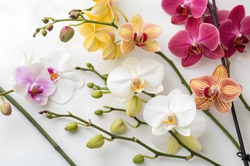 A captivating flatlay featuring elegant orchids, arranged beautifully with ample space for customization.