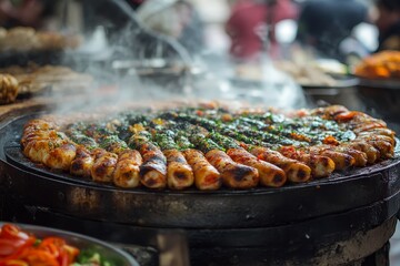 Steaming, spicy sausages arranged on a circular griddle at a bustling street food market.