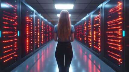 Woman standing in a server room.