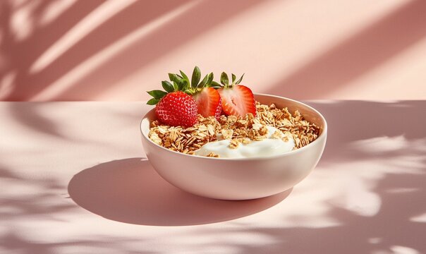 Delicious granola bowl topped with yogurt and fresh strawberries on a soft pink background - Powered by Adobe
