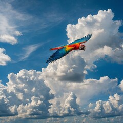 "A colorful macaw flying across a blue sky with soft white clouds, overlooking the Amazon rainforest."
