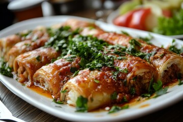 Delicious savory crepe rolls with meat filling and tomato sauce, garnished with fresh parsley, served on a white platter.