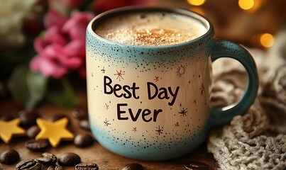 Enjoying a delicious coffee in a cozy setting with a mug that says Best Day Ever