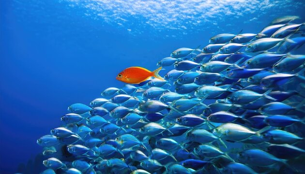 A single, brightly colored fish swimming against a school of uniform-colored fish, symbolizing individuality and nonconformity