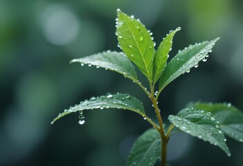Green leaves with water droplets on a blurred background