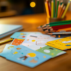 Fototapeta premium Bright educational flashcards and pencils on a desk under soft lighting for creative lessons and activities in school