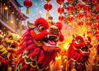 Fototapeta premium Vibrant Macro Shot: Chinese New Year Lion Dance, Red Lanterns & Fireworks