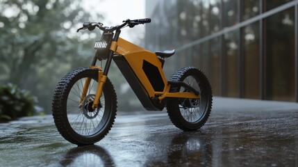 A modern electric bike displayed on a wet pavement in a city setting after rain, reflecting a minimalist design and futuristic feel. The urban backdrop and rainy atmosphere add to the sleek and