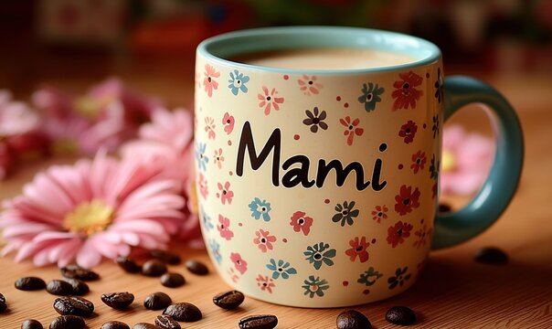 Colorful mug with coffee and flowers, celebrating Mami and relaxation time at home