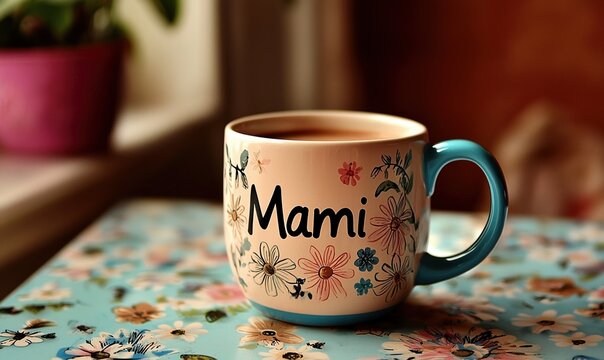 Enjoying a warm beverage in a beautifully designed mug with 'Mami' inscription and floral details