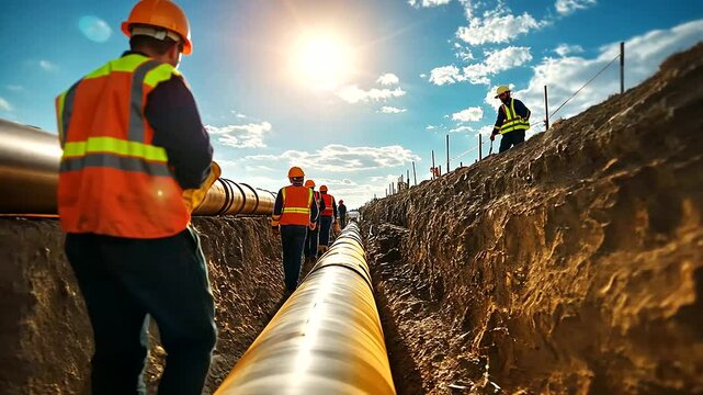 A massive pipeline installation scene with neatly aligned pipes in a trench, and workers inspecting the connections under bright sunlight