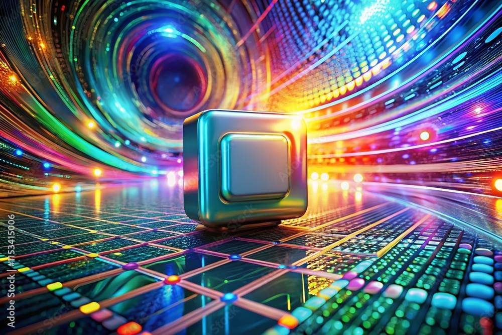 Poster colorful data stream with prominent block button - abstract digital concept