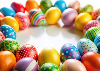 Naklejka premium Colorful Easter Egg Kaleidoscope Border, Tilt-Shift White Background, Spring Holiday Banner