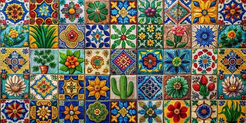 Vibrant Mexican Tile Mosaic: Colorful Floral & Cactus Square Pattern - Traditional Folk Art