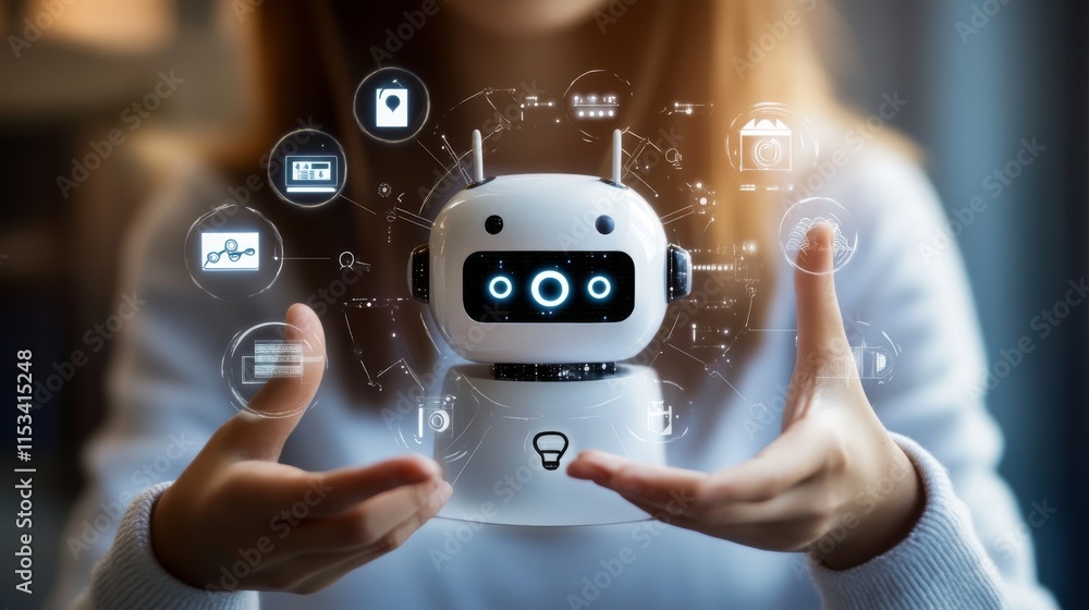 Poster a robotic assistant floats between human hands, surrounded by glowing digital icons representing var
