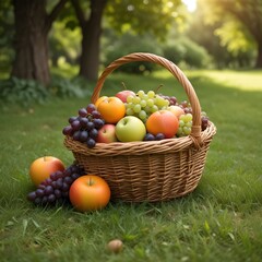 A wicker basket filled with various ripe fruits, sitting on the grass in a lush, green outdoor setting with blurred foliage in the background