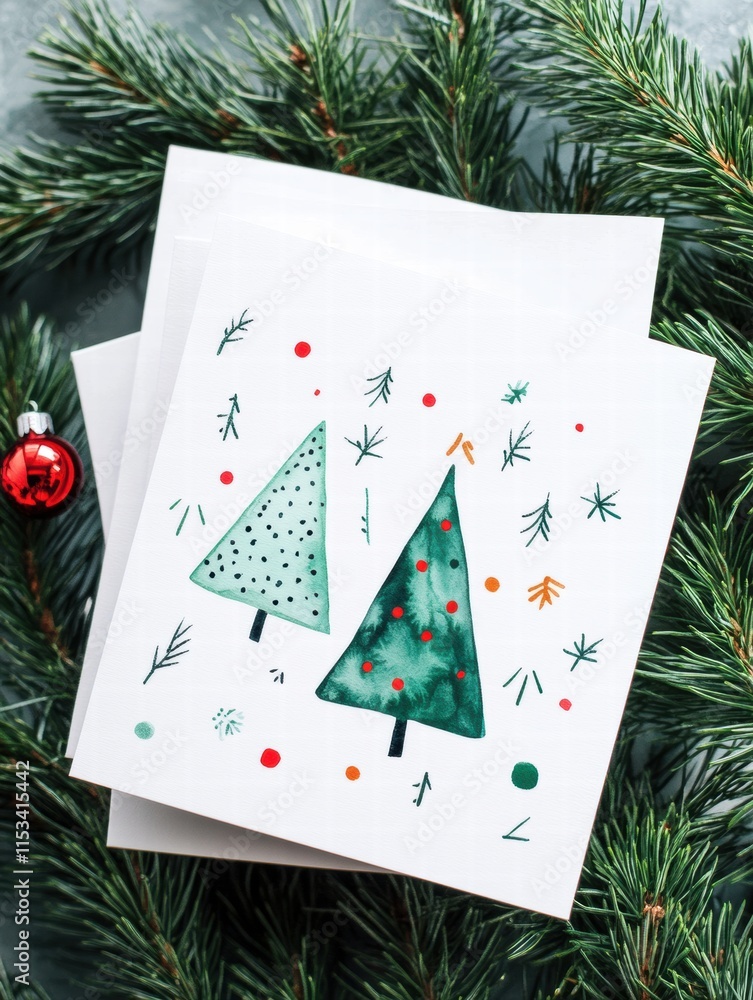 Poster creative christmas cards featuring festive tree designs and colorful decorations on a rustic surface