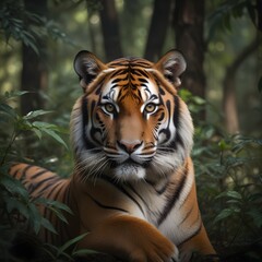 A majestic Bengal tiger in a dense, overgrown forest environment