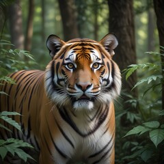A majestic Bengal tiger in a dense, overgrown forest environment