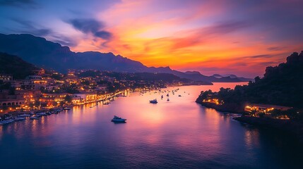Obraz premium Coastal Town Sunset Vibrant Sky Boats Harbor Lights