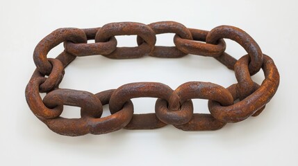 A circular arrangement of large, corroded chain links resting on a clean white surface. The intricate rust patterns add a rugged, aged appearance, suitable for industrial and antique-related visuals